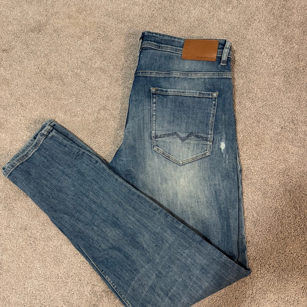 BOSS ORANGE Blue Slim Jeans with Distressed Details
